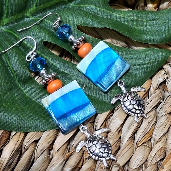 Artisan Hand Crafted Earrings, Turtles Silver Aqua Blue Orange Shell, Pierced - Picture 11 of 12
